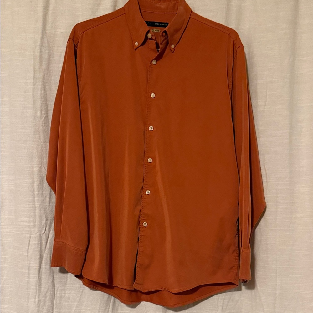 Vintage Greg Norman Collection Men's Burnt Orange Button-Down Shirt